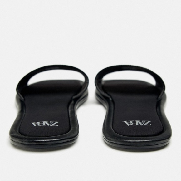 NEW ZARA MINIMALIST BLACK LEATHER FLAT SANDALS 8 - Picture 6 of 10